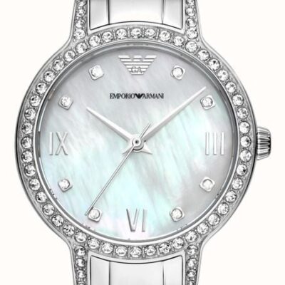 Emporio Armani Cleo Crystals Mother Of Pearl Dial Silver Steel Strap Watch For Women - AR11484